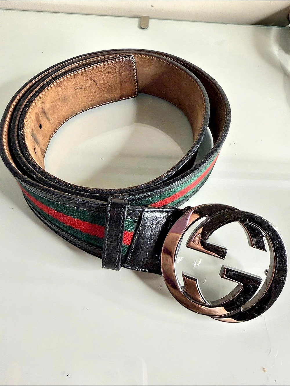 Gucci Web Stripe Interlocking G Buckle Belt Black & Green